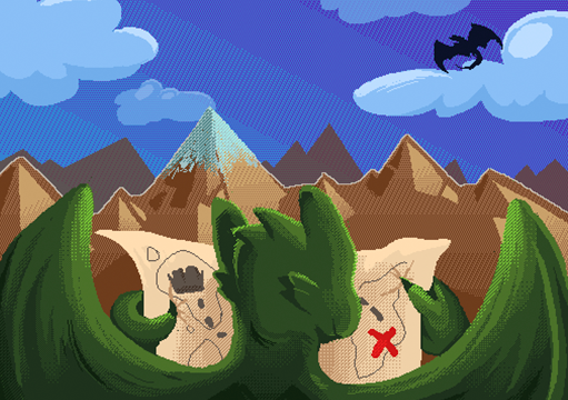 A green dragon, in front of a landscape with mountains, reading the map of a dungeon.